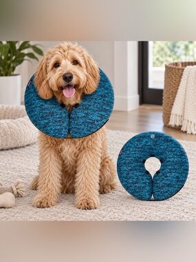 MIDOG Inflatable Dog Cone, Large, Blue Soft Fabric Recovery Collar for Dogs